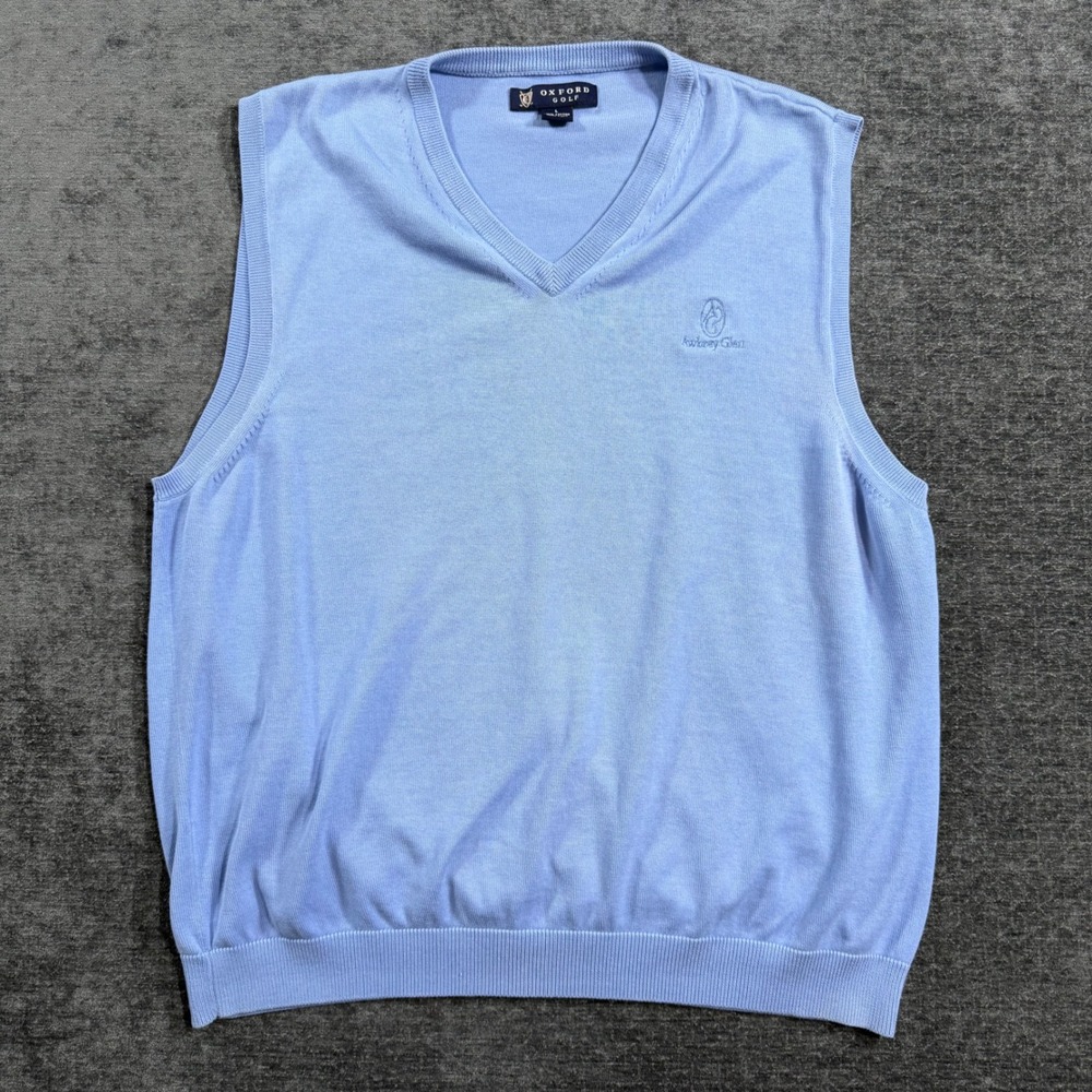 Oxford Golf Mens Large Blue Cotton V-Neck Sweater Vest Awbrey Glen Logo 1055